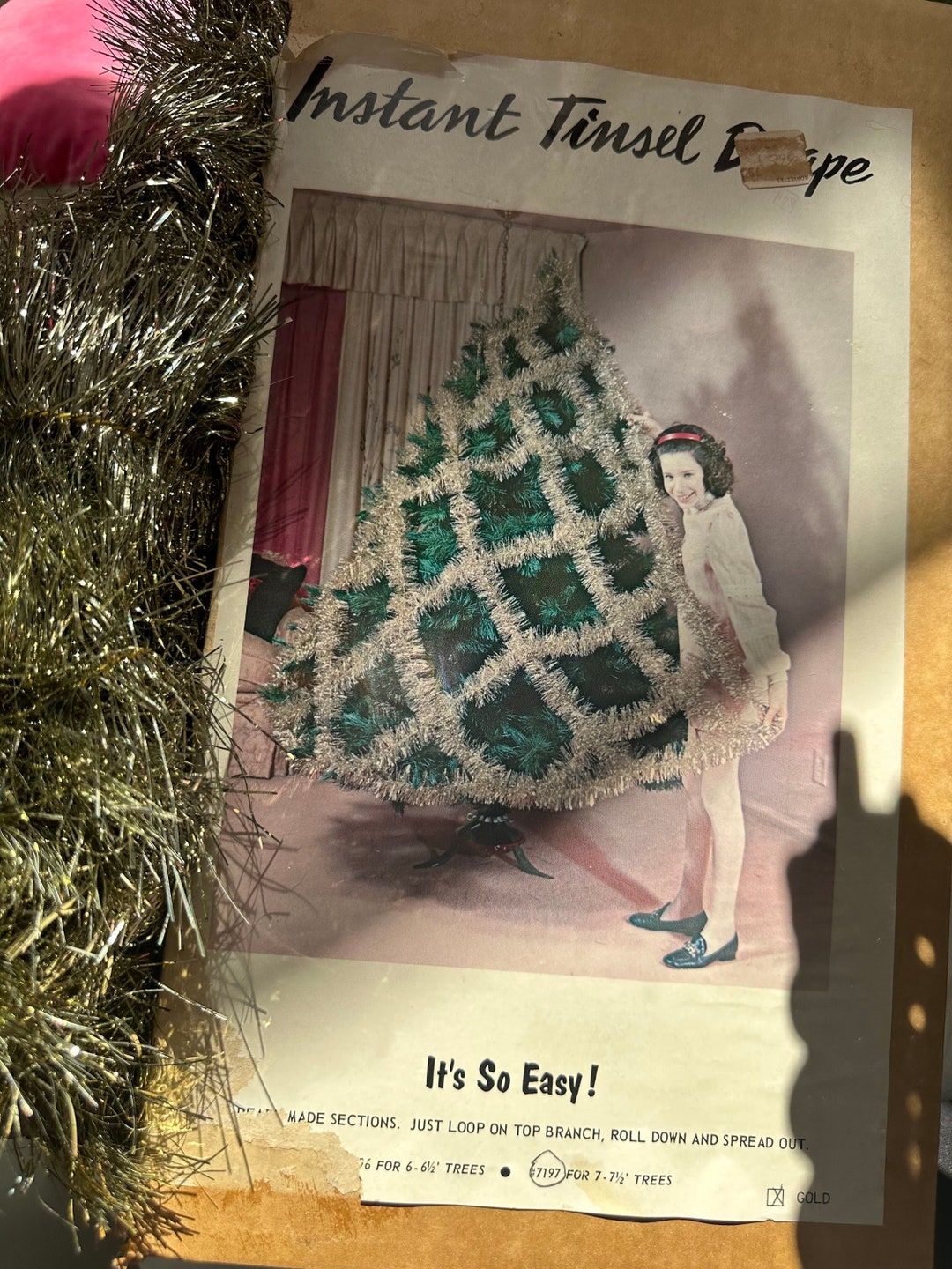 VINTAGE instant Tinsel Drape Metallic Gold Silver Foil Tinsel Christmas
