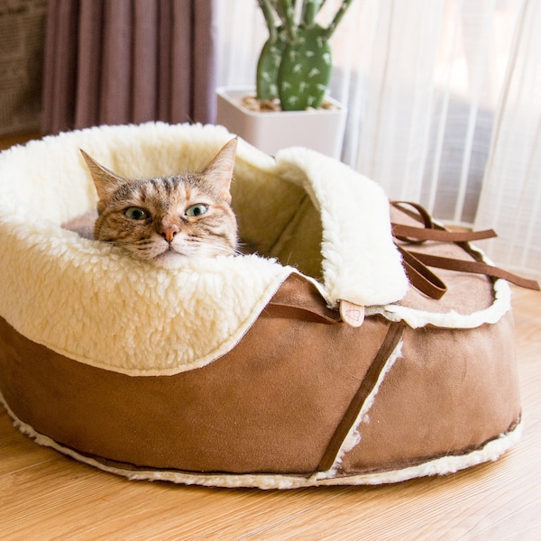 Fluffy Warm Sherpa Moccasin Shoe Cat Bed Vegan Materials: Unique Modern Cat Furniture, Cat Couch Cave Cot, Teacup Pet Bed, Amish Handmade