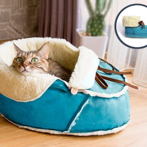 Warm Fluffy Moccasin Shoe Cat Bed with A Matching Catnip Toy Gift Set: Sky Blue Modern Rustic Chic cat furniture, perfect Housewarming Gift