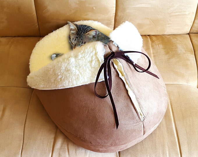 Giant Sherpa Slipper Shoe Cat Bed in Mocha Suede Modern Cat Furniture