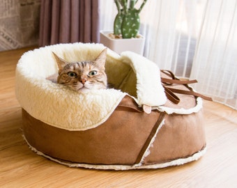 Fluffy Warm Sherpa Moccasin Shoe Cat Bed Vegan Materials: Unique Modern Cat Furniture, Cat Couch Cave Cot, Teacup Pet Bed, Amish Handmade