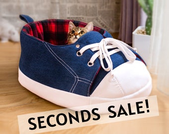 SECONDS Sale: Sneaker Shoe Cat Bed in Black and Red Tartan with Removable Cushion, machine washable