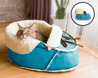 Warm Fluffy Moccasin Shoe Cat Bed with A Matching Catnip Toy Gift Set: Sky Blue Modern Rustic Chic cat furniture, perfect Housewarming Gift