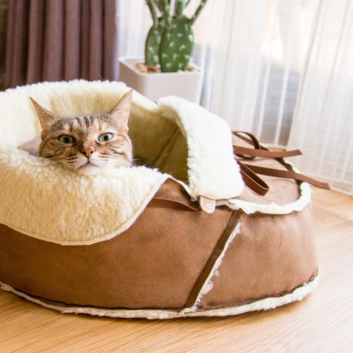 Fluffy Warm Sherpa Moccasin Shoe Cat Bed Vegan Materials: Unique Modern Cat Furniture, Cat Couch Cave Cot, Teacup Pet Bed, Amish Handmade