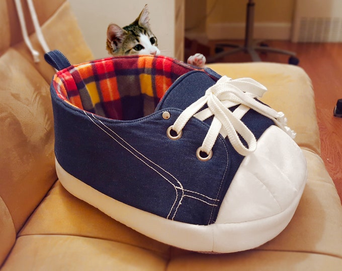 Tennis Shoe Cat Bed in Rainbow Tartan Fleece Cozy Modern Cat Cave