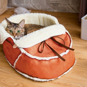 Sherpa Moccasin Shoe Cat Bed in Orange: Cozy Warm Pet Bed, bunny bed, Teacup pet bed, joyful modern farmhouse decor, housewarming cat gift