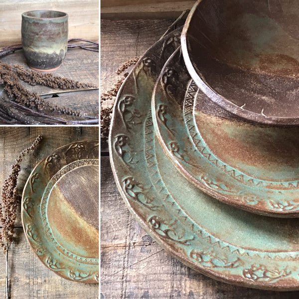MADE TO ORDER ~ Wild Buffalo Dinnerware Set Including Tumbler ~ Native American ~ Ranch Cabin Kitchen ~ Rustic Vermont Handmade Pottery