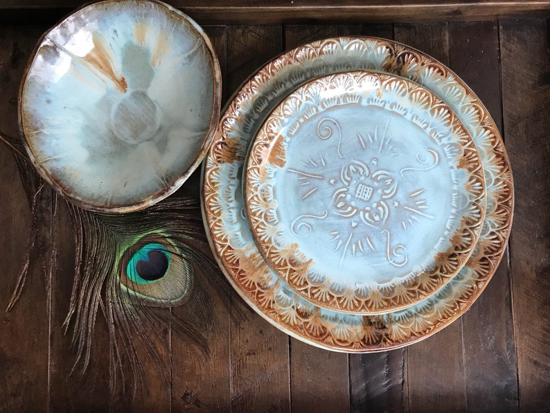 MADE TO ORDER ~ Native Mandala Dinnerware Set ~ Dinner Plate and Salad Plate and Bowl ~ Vermont Handmade Pottery