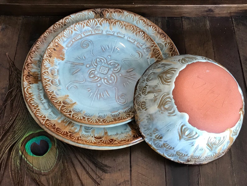 MADE TO ORDER ~ Native Mandala Dinnerware Set ~ Dinner Plate and Salad Plate and Bowl ~ Vermont Handmade Pottery