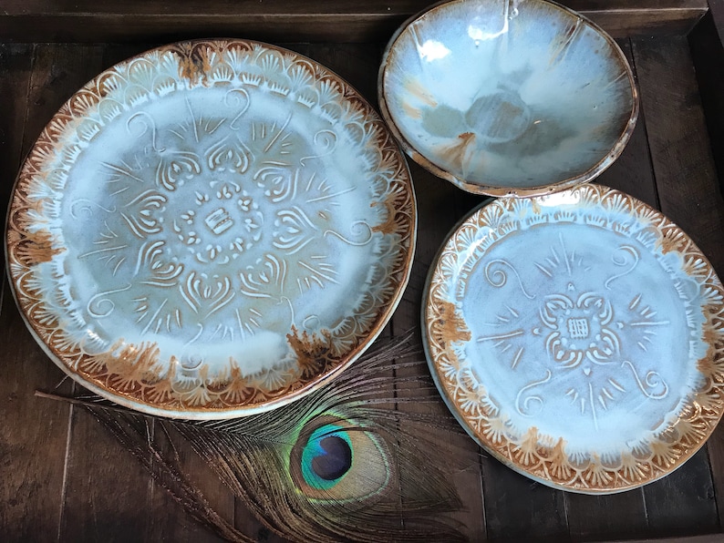 MADE TO ORDER ~ Native Mandala Dinnerware Set ~ Dinner Plate and Salad Plate and Bowl ~ Vermont Handmade Pottery