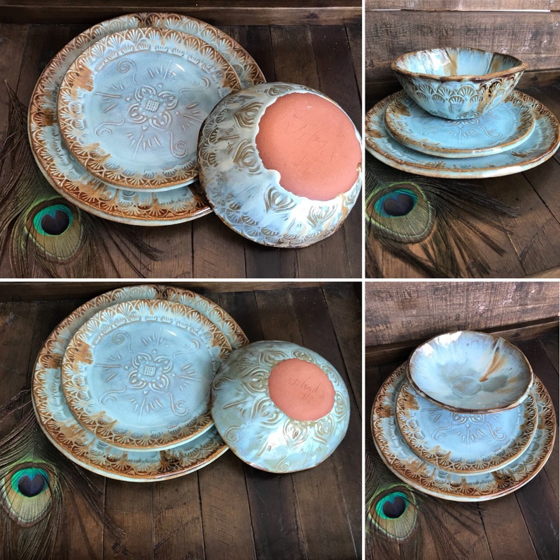 MADE TO ORDER ~ Native Mandala Dinnerware Set ~ Dinner Plate and Salad Plate and Bowl ~ Vermont Handmade Pottery