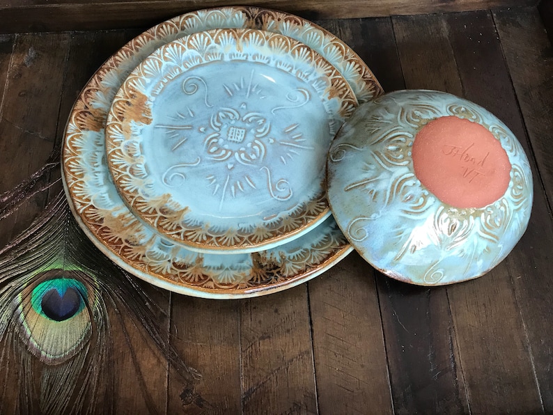MADE TO ORDER ~ Native Mandala Dinnerware Set ~ Dinner Plate and Salad Plate and Bowl ~ Vermont Handmade Pottery