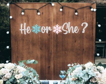 May include: A glittery banner featuring the text He or She? with a turquoise snowflake replacing the letter o and a light pink snowflake replacing the letter o. The letters are silver and glittery, suspended on a thin string against a wooden backdrop.