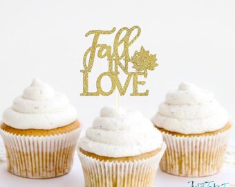 Fall IN LOVE cupcake Topper, Fall engagement topper, Fall Wedding, Fall Bridal Shower topper, Falling in love, Fall Themed Party
