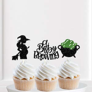 A Baby is Brewing cupcake, Halloween baby shower cupcake, Pregnant Witch cupcake topper, Cauldron Cupcake, Halloween Gender Reveal