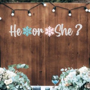 He or She snowflake banner, boy or girl, little snowflake is a, Snowflake Baby Shower, Snowflake Theme, Gender Reveal, Winter theme party!