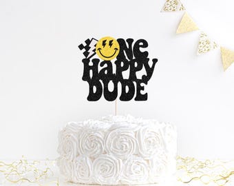 one happy dude  topper, one smiley face topper, stay rad birthday, blue smiley face, one cool dude, rad little dude cake topper