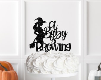 A Baby is Brewing cake topper, Halloween baby shower Cake, Pregnant Witch Baby, fall baby shower, October Baby Shower, Gender Reveal Cake.