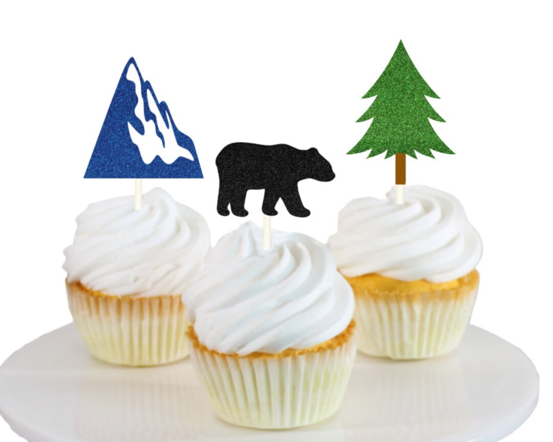 Woodland Cupcake Toppers, Black Bear Cupcake Topper, Tree Cupcake ...