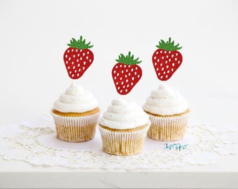 strawberry cupcake toppers, berry themed party, strawberry baby shower, summer berry party, strawberry  birthday, coquette strawberry party
