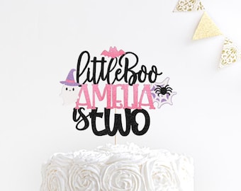 little boo name is two Cake Topper | 2nd Birthday Halloween Cake Topper | Second Birthday Spooky Cake Decor | Pink Halloween Birthday Topper