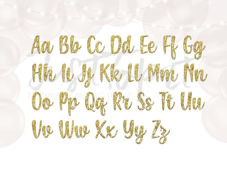 May include: Gold glitter alphabet letters from A to Z. Each letter is written in a cursive font.