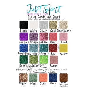 Puede incluir: Gr&aacute;fico que muestra los colores de cartulina con purpurina en una cuadr&iacute;cula. Los colores incluyen negro, blanco, plata, oro, champ&aacute;n, morado, morado claro, rosa intenso, rosa, rosa claro, azul real, azul claro, aguamarina, rojo, amarillo, verde, verde claro, lima, rosa y cobre, menta, coral, azul marino. Los colores marr&oacute;n, cobre, menta, coral y azul marino no siempre est&aacute;n en stock. Por favor, env&iacute;e un mensaje para la disponibilidad.