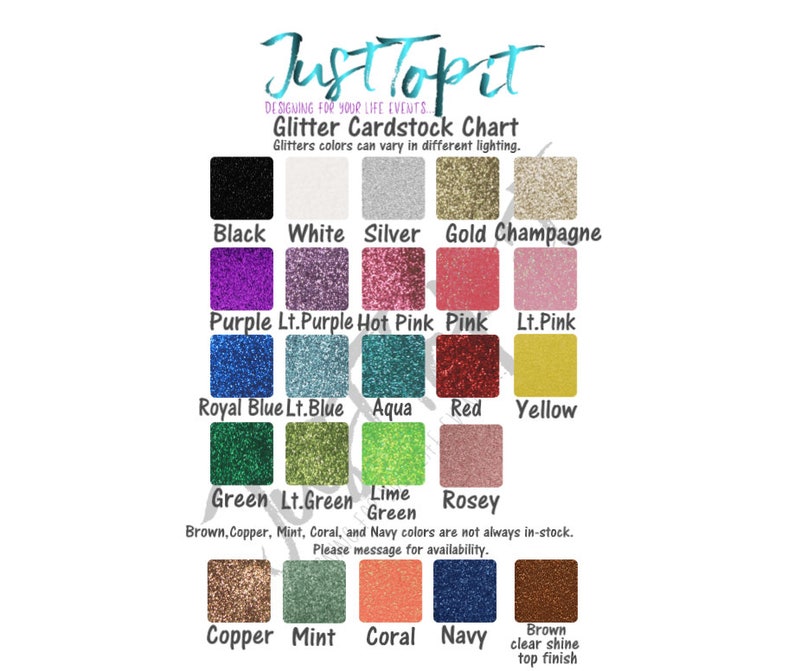 Puede incluir: Gr&aacute;fico que muestra los colores de cartulina con purpurina en una cuadr&iacute;cula. Los colores incluyen negro, blanco, plata, oro, champ&aacute;n, morado, morado claro, rosa intenso, rosa, rosa claro, azul real, azul claro, aguamarina, rojo, amarillo, verde, verde claro, lima, rosa y cobre, menta, coral, azul marino. Los colores marr&oacute;n, cobre, menta, coral y azul marino no siempre est&aacute;n en stock. Por favor, env&iacute;e un mensaje para la disponibilidad.