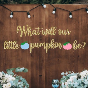 What will our little pumpkin be? banner, Pumpkin Gender Reveal banner, Our little Pumpkin is, He or She pumpkin banner, Boy or Girl pumpkin