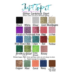 May include: Chart showing glitter cardstock colors in a grid. Colors include black, white, silver, gold, champagne, purple, light purple, hot pink, pink, light pink, royal blue, light blue, aqua, red, yellow, green, light green, lime, rose, and copper, mint, coral, navy.  Brown, copper, mint, coral, and navy colors are not always in stock. Please message for availability.
