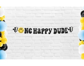 one happy dude banner, one smiley face banner, stay rad birthday, blue smiley face, one cool dude, rad little dude banner
