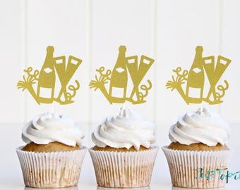 Champagne bottle cupcake topper, New Years Eve topper, Champagne flute cupcake topper, New Years Eve Decor, NYE Decor, Cheers, 12 o'clock