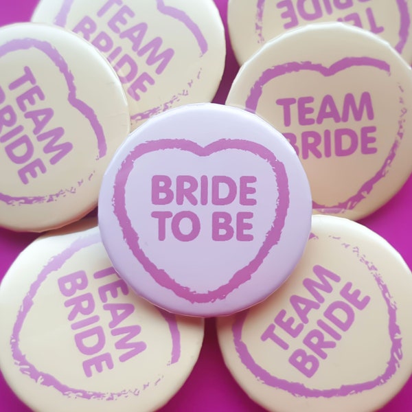 Team Bride hen party badges, Bride to Be hen party favours, love hearts sweets, 32mm pastel hen do badges