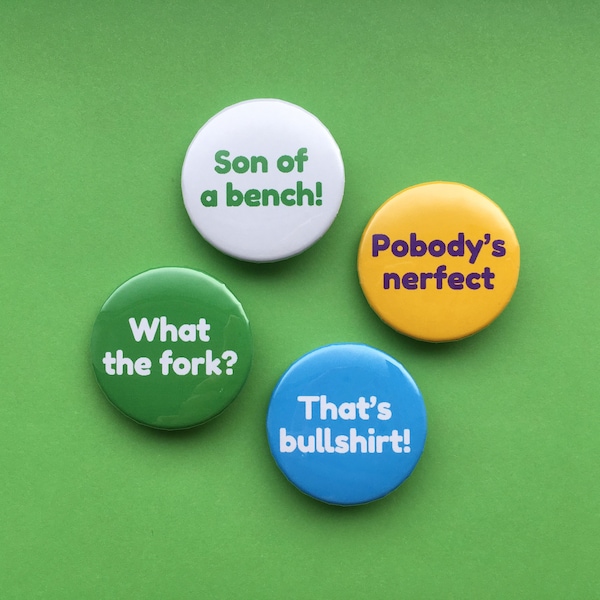 Polite swearing pin badge set, what the fork pin badge, pobody's nerfect pin button badge, funny lapel pins, swear gifts, stocking filler