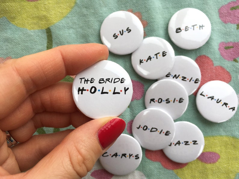 Personalised hen party badges, Friends TV show gift, hen night accessories, hen party bag fillers, bride to be, hen do, bridal shower pins image 1