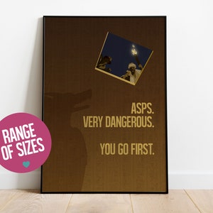 May include: A brown poster with a wolf silhouette and the text "ASPS. VERY DANGEROUS. YOU GO FIRST." in gold lettering. A small photo of a person holding a torch is in the upper left corner.