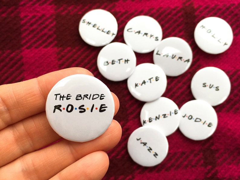 Personalised hen party badges, Friends TV show gift, hen night accessories, hen party bag fillers, bride to be, hen do, bridal shower pins image 2