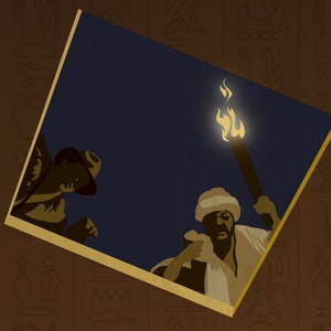 May include: Two figures are shown in silhouette, one holding a lit torch, against a dark blue background. The figures are framed by a gold border.
