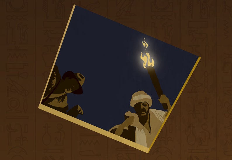 May include: Two figures are shown in silhouette, one holding a lit torch, against a dark blue background. The figures are framed by a gold border.