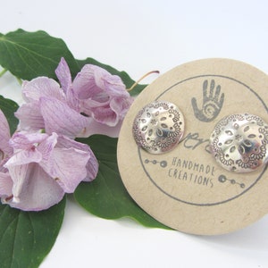Mandala Earrings - Handstamped Earrings - Flower Mandala - Mandala Design - Unique Design - Circle Mandala - Sterling Silver  Dome Mandala