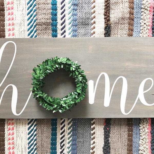 Home sign, home with wreath, wreath on wood sign, welcome sign, wood sign, rustic sign