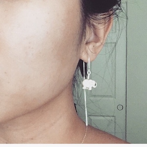 Elephant earrings, good luck earrings, natural gemstone earrings, dangle earrings, elephant threader earrings, white earrings