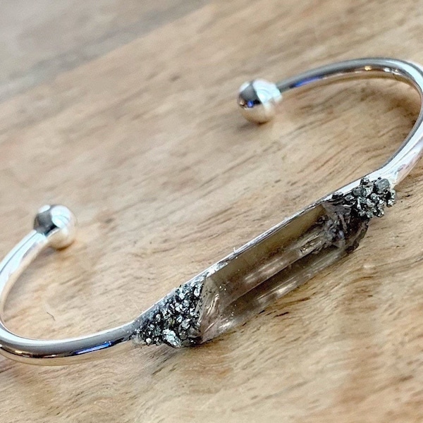 Smokey Quartz bracelet, crystal bracelet, pyrite bracelet, crystal cuff, gemstone bracelet, protecting bracelet, natural gemstone jewelry