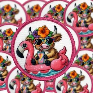 May include: A set of 10 embroidered iron-on patches featuring a Highland cow wearing sunglasses and a flower crown, floating on a pink flamingo pool float and holding a colorful drink.