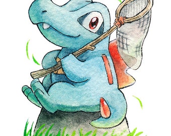 Op de afbeelding: Een blauw en rood cartoonfiguur met een net op een stok, zittend op een rots met groen gras eromheen.
