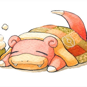 May include: A pink and orange cartoon character with a brown shell is curled up under a colorful patchwork quilt. A green mug with steam coming from it is next to the character.