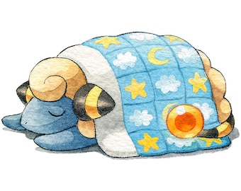 Op de afbeelding: Een blauwe en gele cartoon-schaap slaapt onder een blauwe deken met gele sterren, witte wolken en een halve maan. Het schaap heeft een gele staart en een gekrulde hoorn.