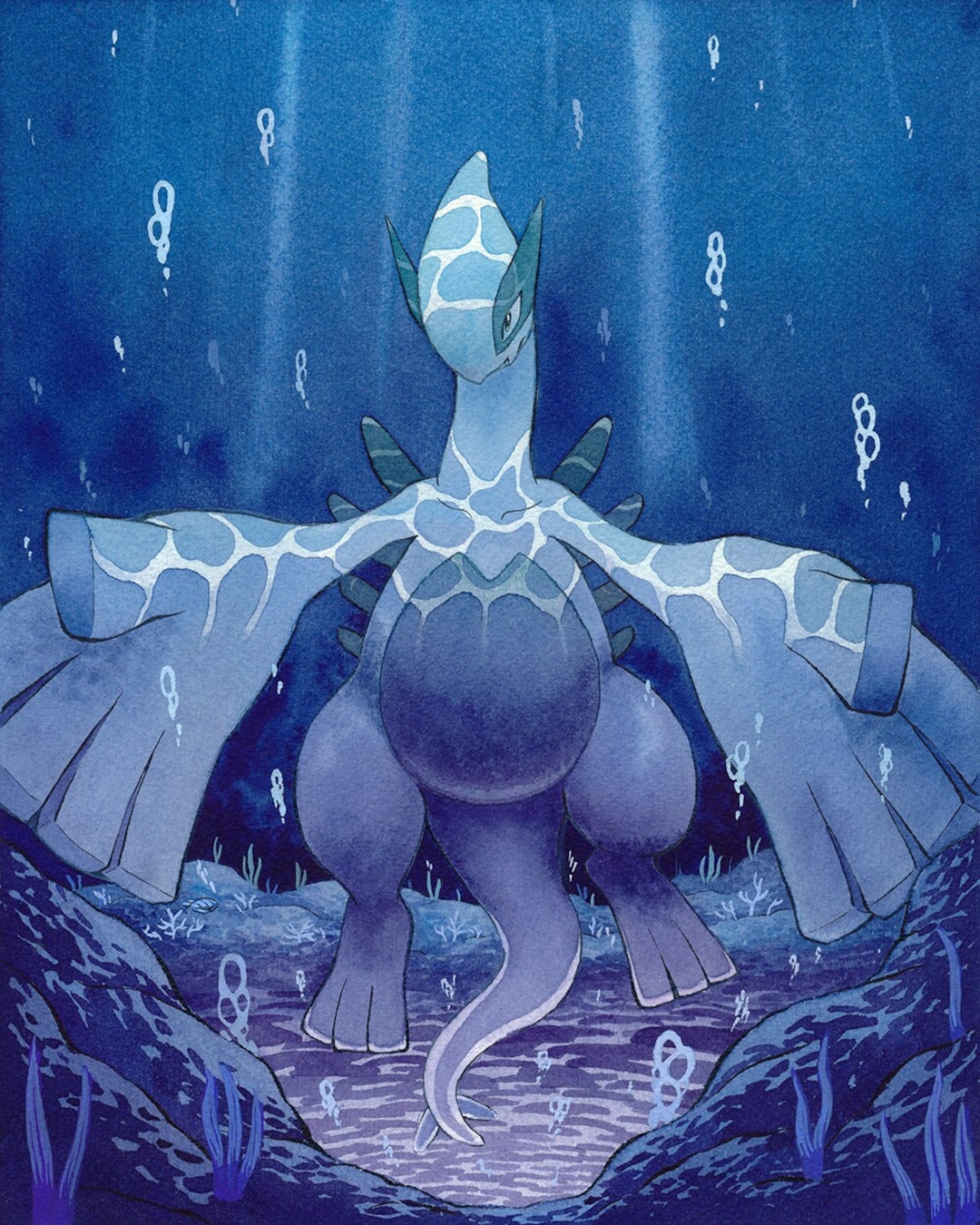 Close up of the Pokémon lugia focusing on the feet in a blue sky background