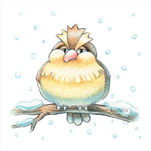 May include: A cartoon illustration of a brown and yellow bird with a brown crest perched on a branch with snow on it. The bird is looking to the left and has a pink beak. The background is white with blue circles.