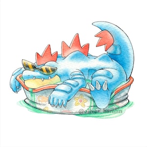 May include: A watercolour illustration of a blue cartoon crocodile wearing sunglasses, relaxing in a small inflatable pool. The crocodile has red spikes on its head and is surrounded by a green and white patterned pool.